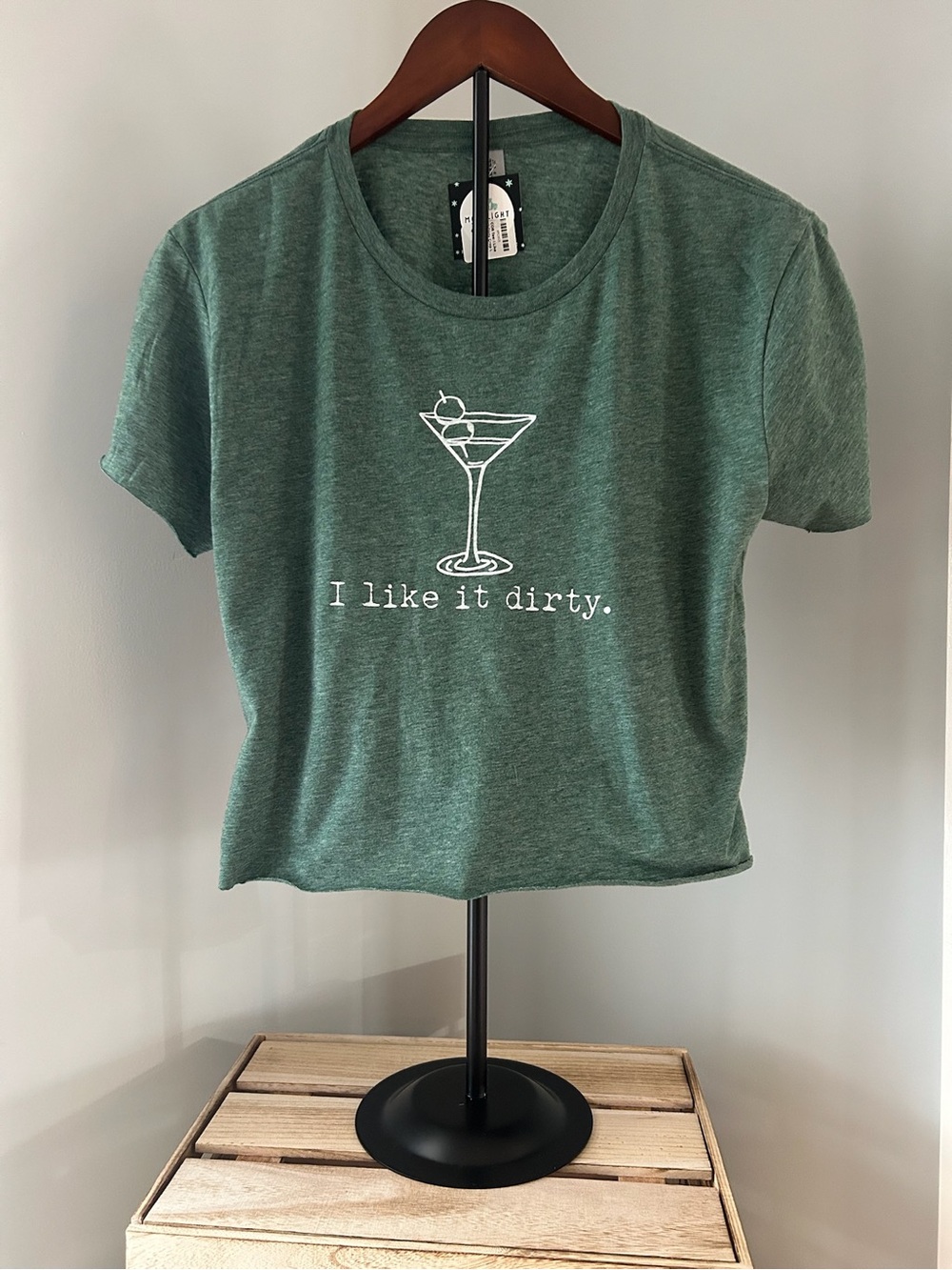NWT Green Graphic Crop Top with 'I like it dirty.' Martini Design